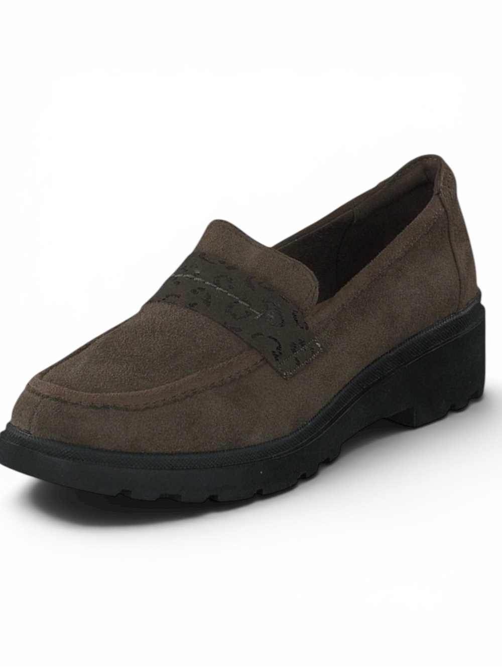 CLARKS COLLECTION CALLA EASE DARK OLIVE GREEN SUEDE 8 WIDE SLIP ON LOAFERS